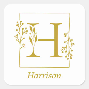 Modern Gold Botanical Letter H Square Sticker