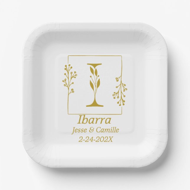 Modern Gold Botanical Letter I   Paper Plate (Front)