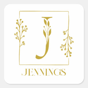 Modern Gold Botanical Monogram Letter J Square Sticker