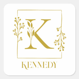 Modern Gold Botanical Monogram Letter K Square Sticker