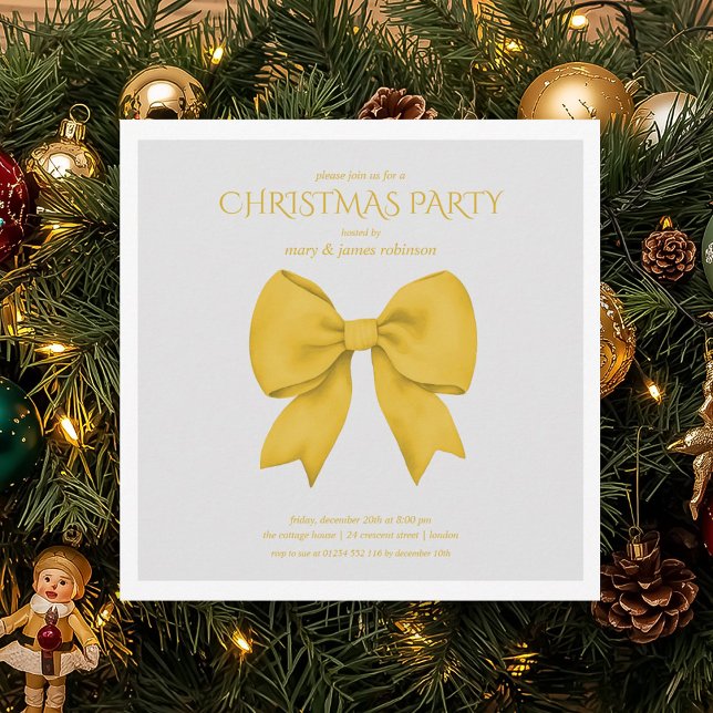 Modern Gold Bow Christmas Holiday Party  Invitation (Modern Gold Bow Christmas Holiday Party Invitation)
