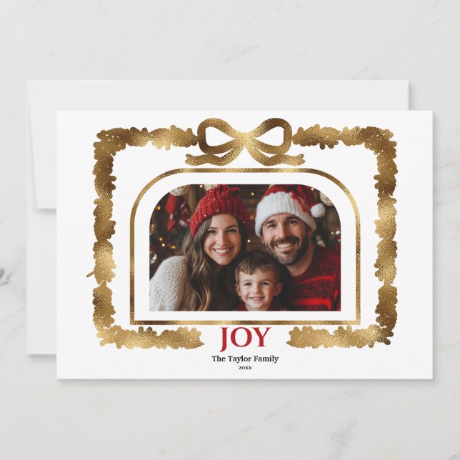 Modern Gold Bow Joy Christmas Ribbon Photo Frame Invitation (Front)
