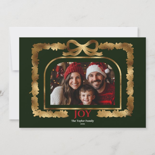 Modern Gold Bow Joy Christmas Ribbon Photo Frame Invitation (Front)