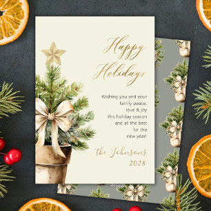 Modern Gold Bow Watercolor Christmas Tree Happy Holiday Card