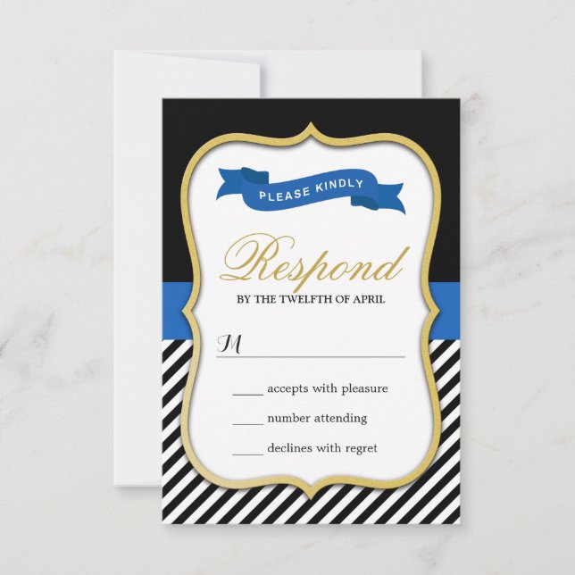 Modern Gold Bracket Frame Black White Stripes RSVP Card (Front)