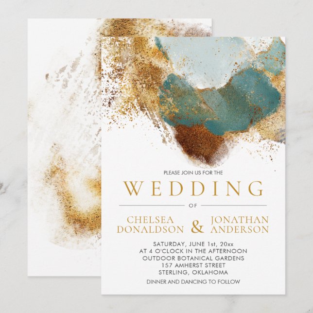 Modern Gold Bronze Teal Gold Text Wedding Invitation (Front/Back)
