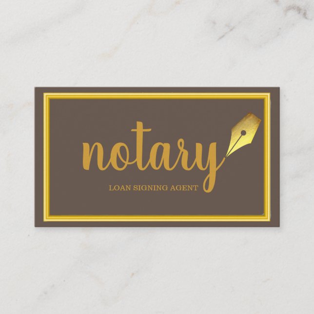 Modern Gold & Brown Notary Loan Signing Agent  Business Card (Front)