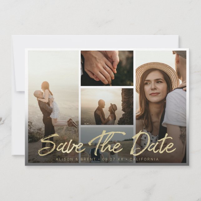 Modern Gold Brush Script Typography with Pictures Save The Date (Front)