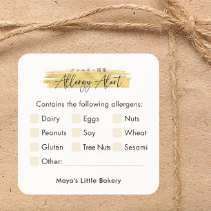 Modern Gold Brush Stroke Allergy Alert Square Sticker