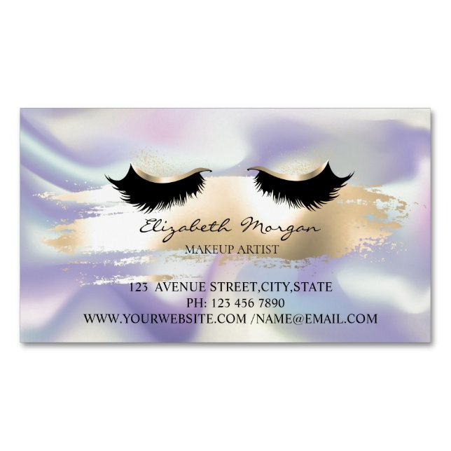 Modern Gold Brush Stroke,Holographic Faux Lashes Magnetic Business Card (Front)