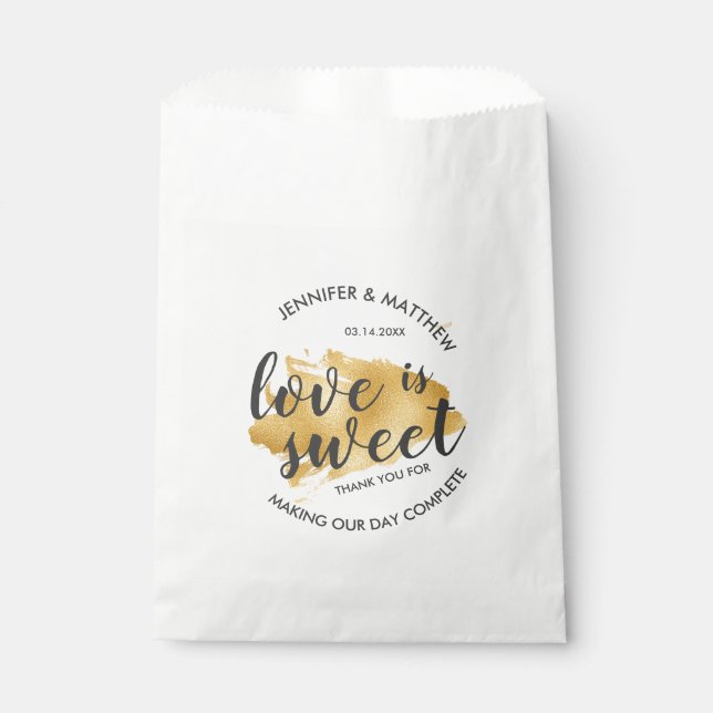 Modern Gold Brush Stroke Love is Sweet Wedding Favour Bags (Front)
