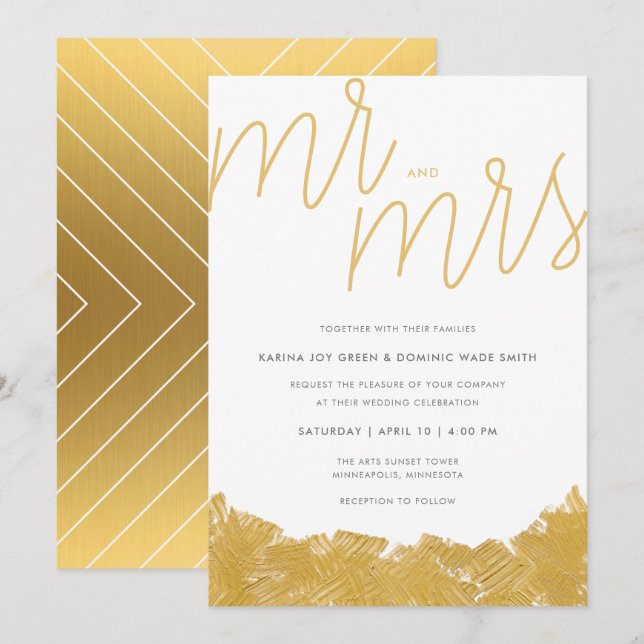 Modern Gold Brush Stroke Wedding Invitation (Front/Back)