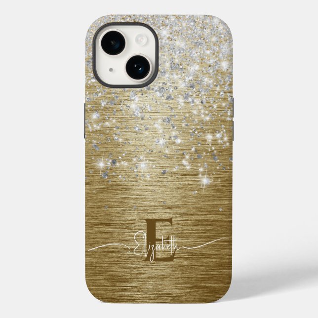 Modern Gold Brushed Metal Silver Glitter Monogram Case-Mate iPhone Case (Back)