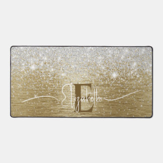 Modern Gold Brushed Metal Silver Glitter Monogram Desk Mat