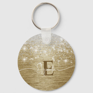 Modern Gold Brushed Metal Silver Glitter Monogram Key Ring