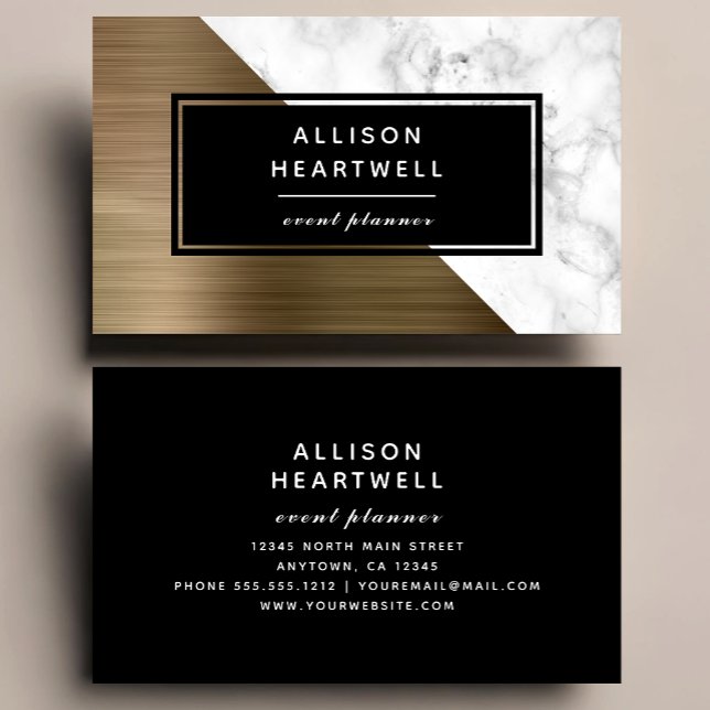 Modern Gold Brushed Metal White Marble Black Business Card (Creator Uploaded)