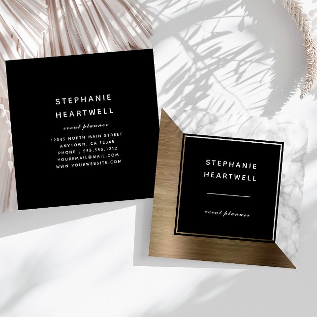 Modern Gold Brushed Metal White Marble Black Square Business Card (Creator Uploaded)