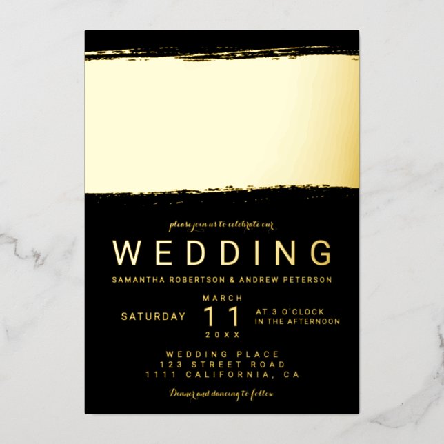 Modern gold brushstroke black wedding (Front)
