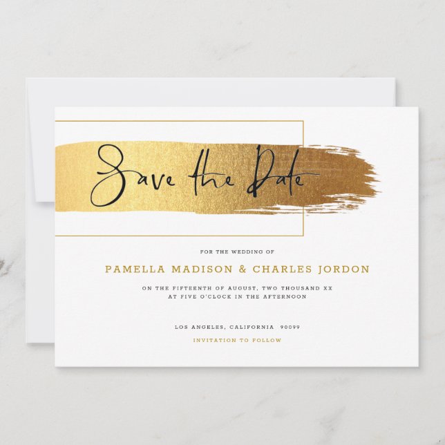 Modern gold brushstroke elegant black typography invitation (Front)