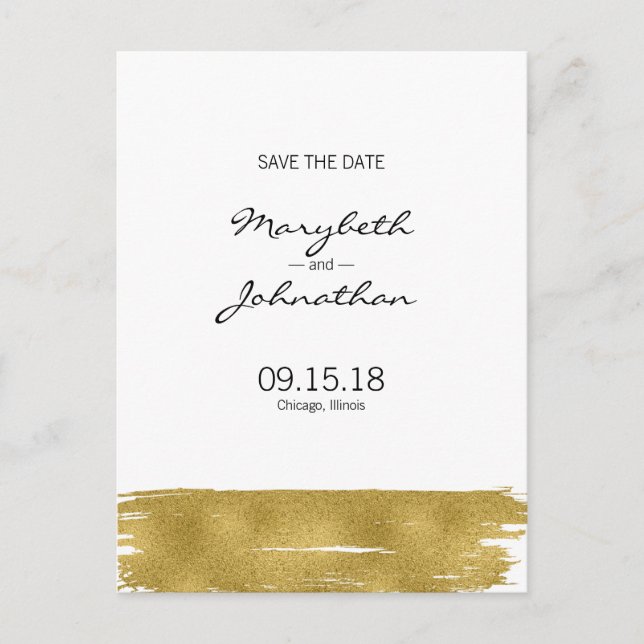 Modern Gold Brushstroke Save The Date Postcard (Front)
