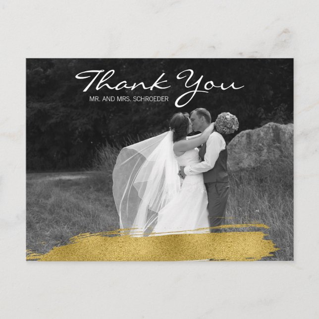 Modern Gold Brushstroke Wedding Thank You Postcard (Front)