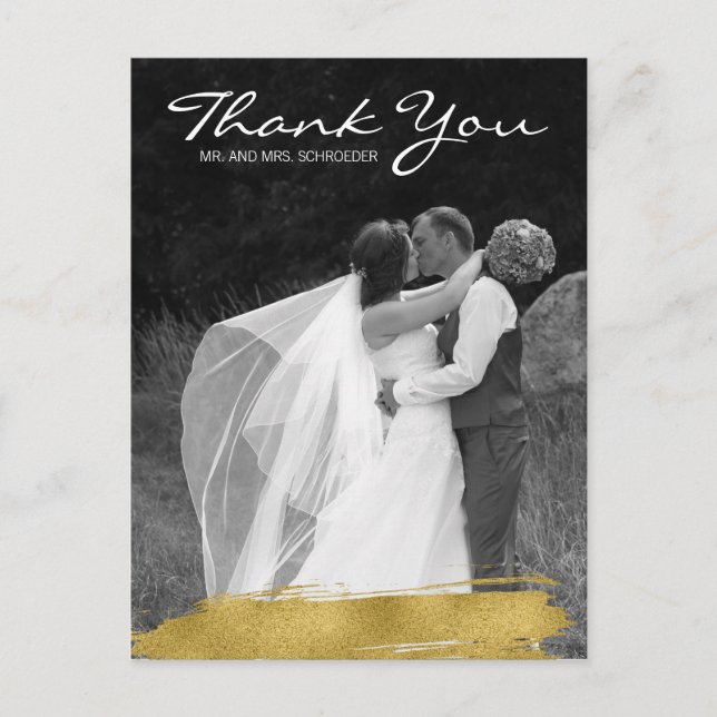 Modern Gold Brushstroke Wedding Thank You Postcard (Front)