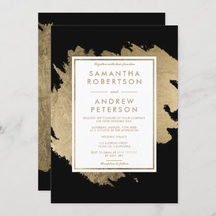 Modern gold brushstrokes black white chic wedding invitation