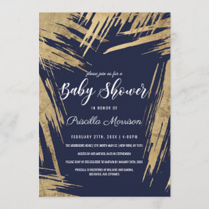 Modern Gold Brushstrokes Navy Blue Baby Shower Invitation