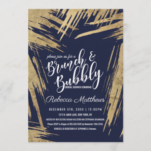 Modern Gold Brushstrokes Navy Blue Brunch Bubbly Invitation