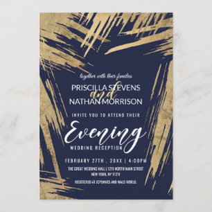 Modern Gold Brushstrokes Navy Blue Chic Evening Invitation