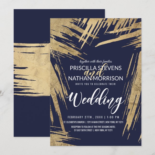 Modern Gold Brushstrokes Navy Blue Chic Wedding Invitation (Front/Back)