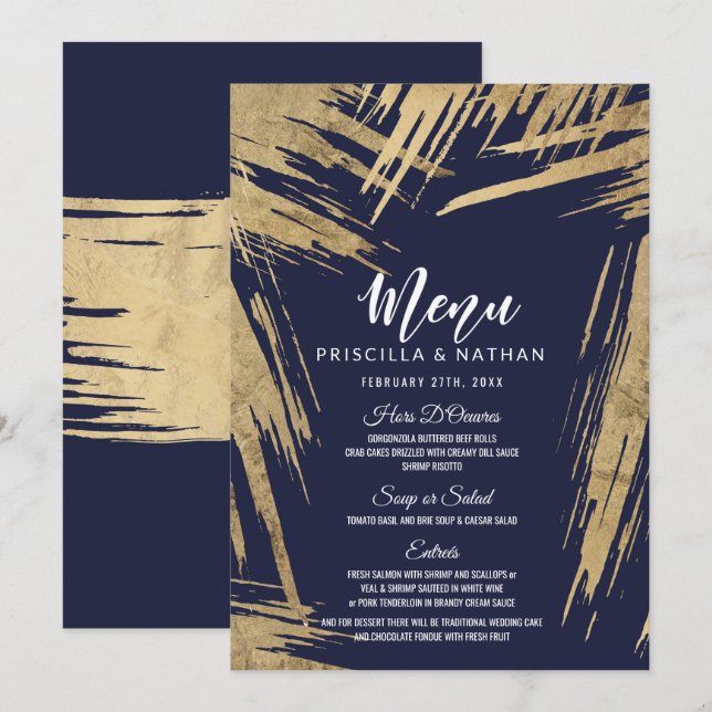 Modern Gold Brushstrokes Navy Blue Wedding Menu Invitation (Front/Back)