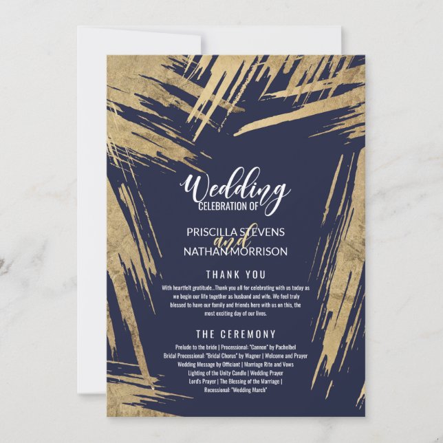 Modern Gold Brushstrokes Navy Blue Wedding Program Invitation (Front)