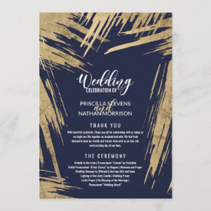Modern Gold Brushstrokes Navy Blue Wedding Program Invitation