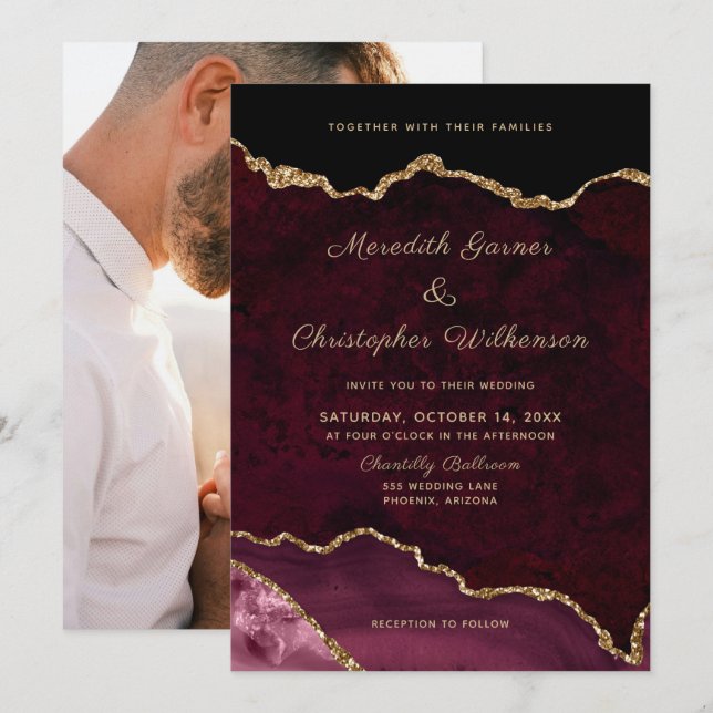 Modern Gold Burgundy Agate Photo Wedding Invitation (Front/Back)