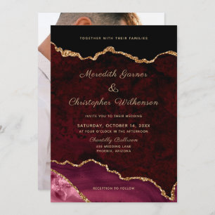 Modern Gold Burgundy Agate Photo Wedding Invitation