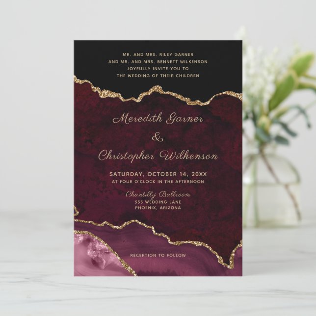 Modern Gold Burgundy Agate Photo Wedding Invitation (Standing Front)