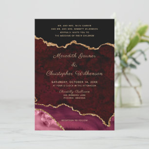 Modern Gold Burgundy Agate Photo Wedding Invitation