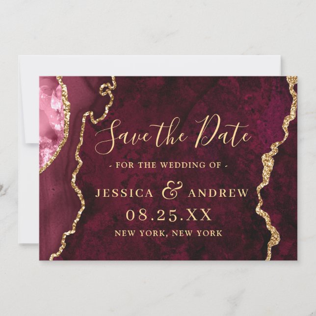 Modern Gold Burgundy Agate Wedding Save the Date (Front)