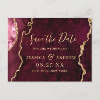 Modern Gold Burgundy Agate Wedding Save the Date