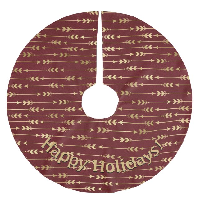 Modern Gold Burgundy  Arrows Pattern Add Message Brushed Polyester Tree Skirt (Front)