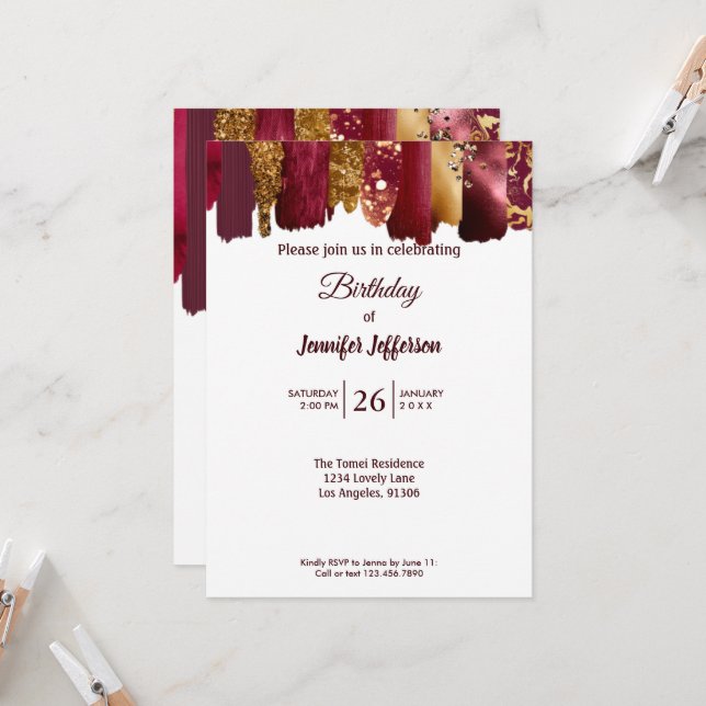 Modern gold burgundy Birthday invitation (Front/Back In Situ)
