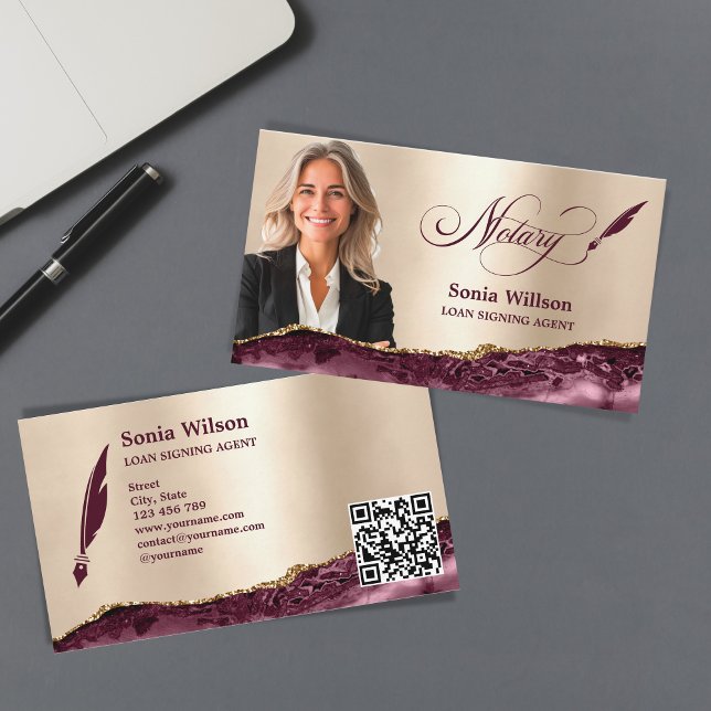 Modern Gold Burgundy Notary Loan Signing QR Code Business Card (Creator Uploaded)