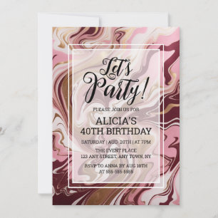 Modern Gold Burgundy Pink Marble Fluid Birthday Invitation