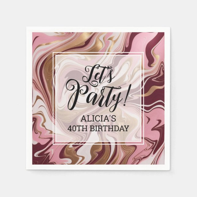 Modern Gold Burgundy Pink Marble Fluid Birthday Napkin (Front)