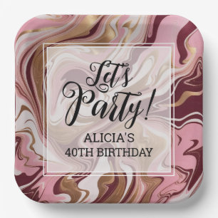 Modern Gold Burgundy Pink Marble Fluid Birthday Paper Plate