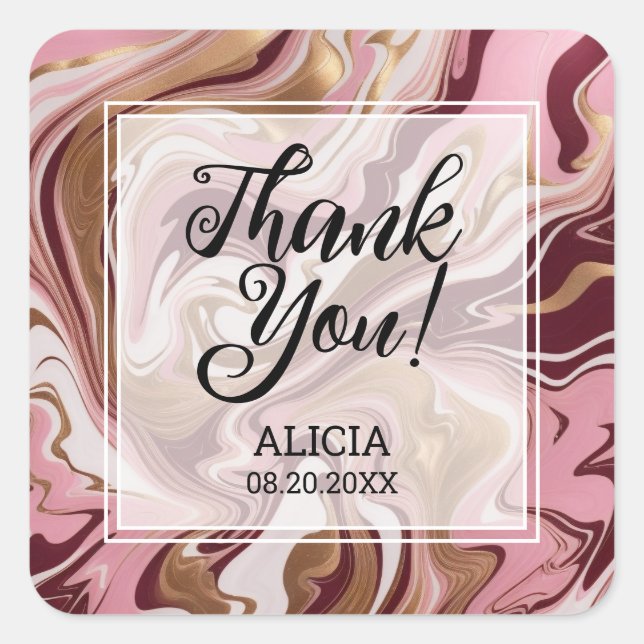 Modern Gold Burgundy Pink Marble Fluid Thank You Square Sticker (Front)