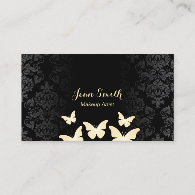 Modern Gold Butterflies Damask Makeup Artist Business Card (Front)
