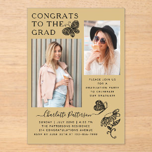 Modern Gold Butterfly Photo Graduation Party Acrylic Invitations