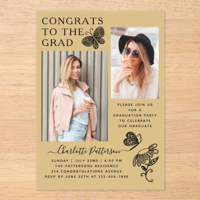 Modern Gold Butterfly Photo Graduation Party Acrylic Invitations (Front)
